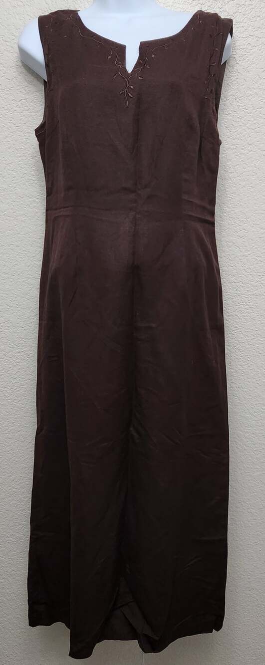 Papell Boutique Brown Sleeveless Embroidered V Neck Maxi Dress 10 Lightweight